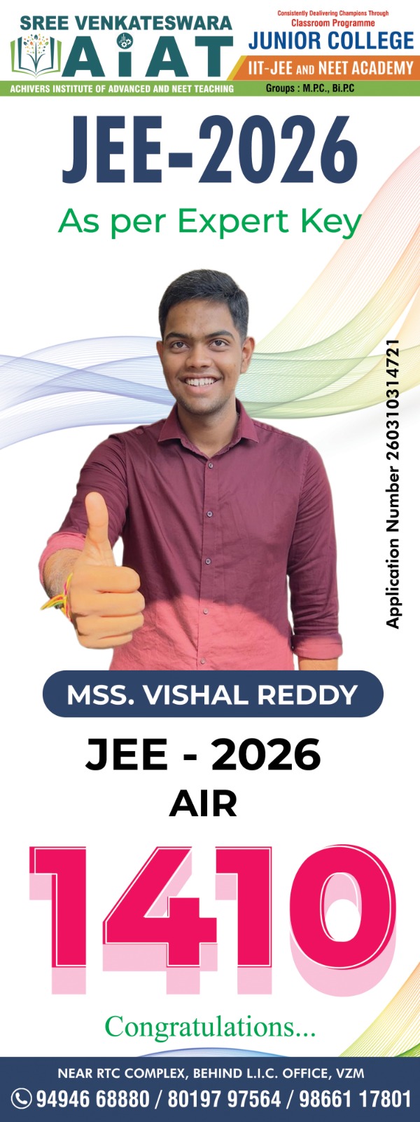 Promotional poster for MSS. Vishal Reddy showing JEE 2026 AIR 1410
