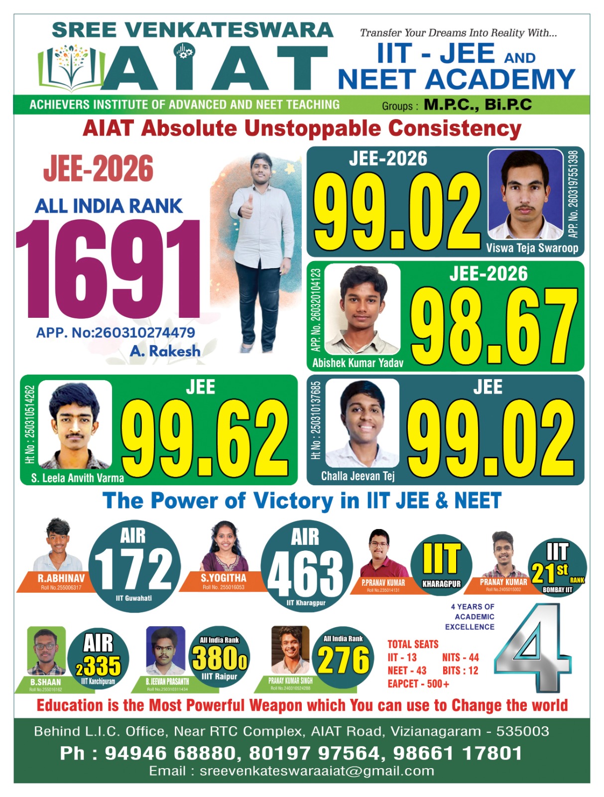 AIAT victory board showing IIT, NIT, NEET, BITS and EAPCET totals